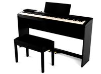 digital black piano keyboard with piano bench