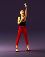 woman in red legents and microphone 0633