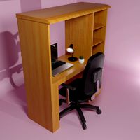 light wood desk with black chair