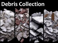 Piles of concrete debris and steel elements