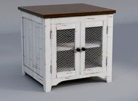 Brown and White Metal Grill Cabinet Two Tone Wooden End Table
