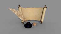 Set of papyrus scroll and inkwell with stopper and quill PBR