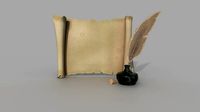 Set of papyrus and inkwell with stopper and quill PBR low-poly