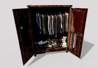 Old cabinet with clothes and shoes