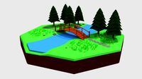 low poly cartoon forest bridge scene