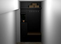 Gray hall closet with seat drawers and coat hooks