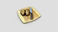 Wood Cutting Board with Knife and Potatoes