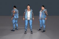 Young man with tattoo on arms wearing blue jeans and jacket