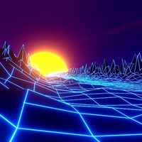 80s style background with polygonal glowing Mountains and sun