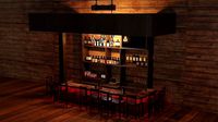 Bar counter with various drinks and red lighting