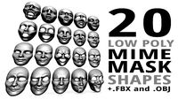 Low poly 20 mime and facial expression masks IMM zbrush set