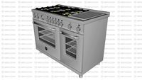 FOGÃO EM INOX ESCOVADO 6 QUEIMADORES + GRILL DE MESA E FORNO A GÁS DUPLO COM CHURRASQUEIRA 120cm