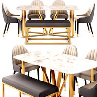 Modern Rectangle Faux Marble Dining Table Gold Set (325558)