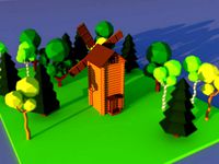 Cute cartoon wooden village windmill
