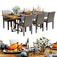 3D Model / Table Set with Food 01 / Crate&Barrel Furniture / White lilies / Roasted Chicken / Tableware