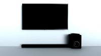 TV with a remote a sound bar and subwoofer