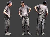 Worker in Gray Bent Over