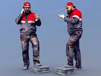 Photorealistic Bald Worker in Overalls Talking on the Phone