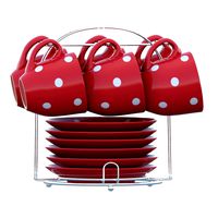 Set of dishes and cups with metal holder