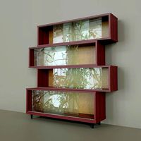Chipboard shelves with sliding glass