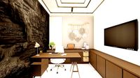 Modern matte black study room interior with natural stone wall