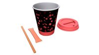 paper coffee cup with lid sugar package wooden stirrer