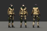 Fighter woman with military kneepads and leg bag