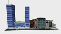 Street with skyscrapers and apartment blocks.