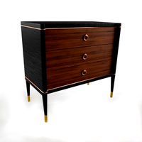 Adorno Hollywood Regency Walnut Ebony Brass 3 Drawer Nightstand