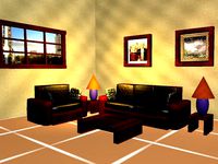 Frontroom with couch, chair, tables and lamps