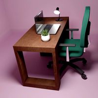 Dark wood desk with green chair