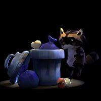 Raccoon and trash bin