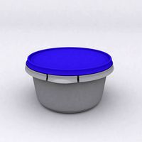 White round container with blue lid