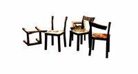 Five dystopic rotten wooden old chairs that have been left in the open
