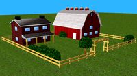 farm buildings and a wooden fence