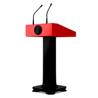 Speaker Podium. Black and Red Tribune Rostrum Stand with Microphones
