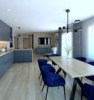 Living room and bathroom in a renovated house