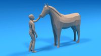 Low Poly Cartoon Kid Touching a Horse