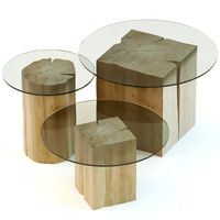 A set of coffee tables made of stumps with a glass top
