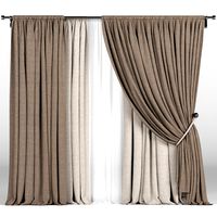Brown curtains in two shades with a garter on a rope and white tulle