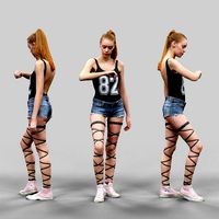 Girl in Jeans Short Strings and 82 Tshirt Posed Looking Watch