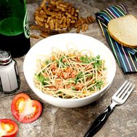 Dinner with pasta and beer