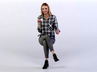 Woman Janna 0389 Sitting with a Coffee in Grey Jeans and Shirts