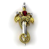 Dragon on sword pendant with oval gemstone 001 | 3D