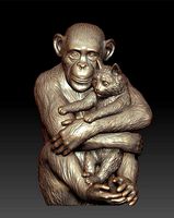 Sculpture Chimpanzee with cat 50cm  | 3D