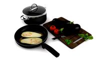 kitchenware with pan pot tomato and zuccini