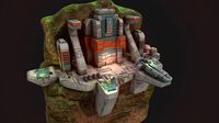 Low poly sci fi outpost buildings on cliffs environment