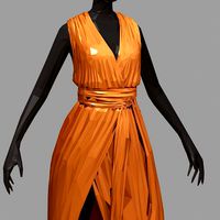 polygon art long orange dress white high heel shoes