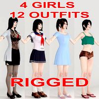 T pose rigged model of 4 girls with various outfits