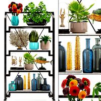 Rack with the decor of figurines and plants